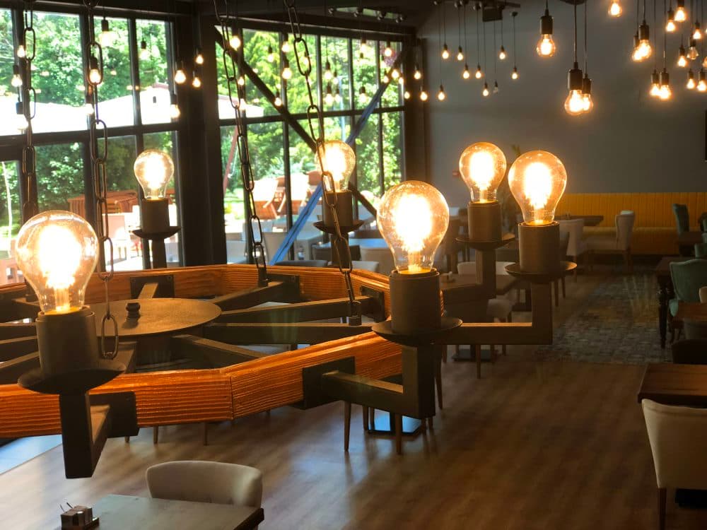 Sıcak ampul aydınlatmalı ve bahçe manzaralı salon
